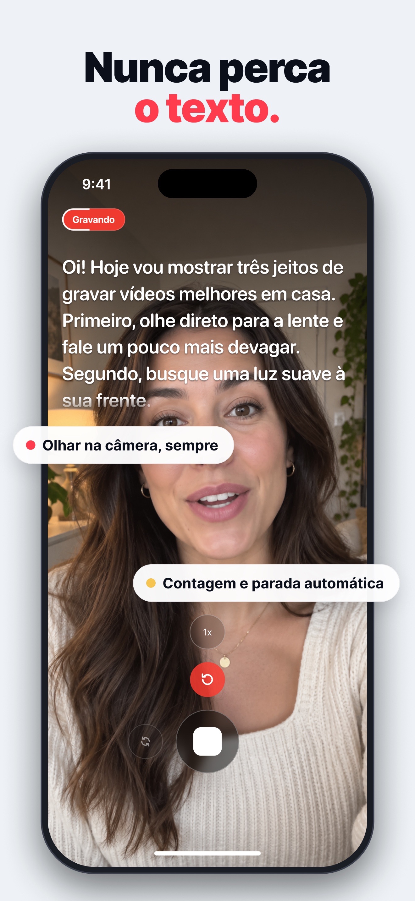 TelePro gravando com o roteiro rolando sobre a câmera frontal, com a contagem e a parada automática.