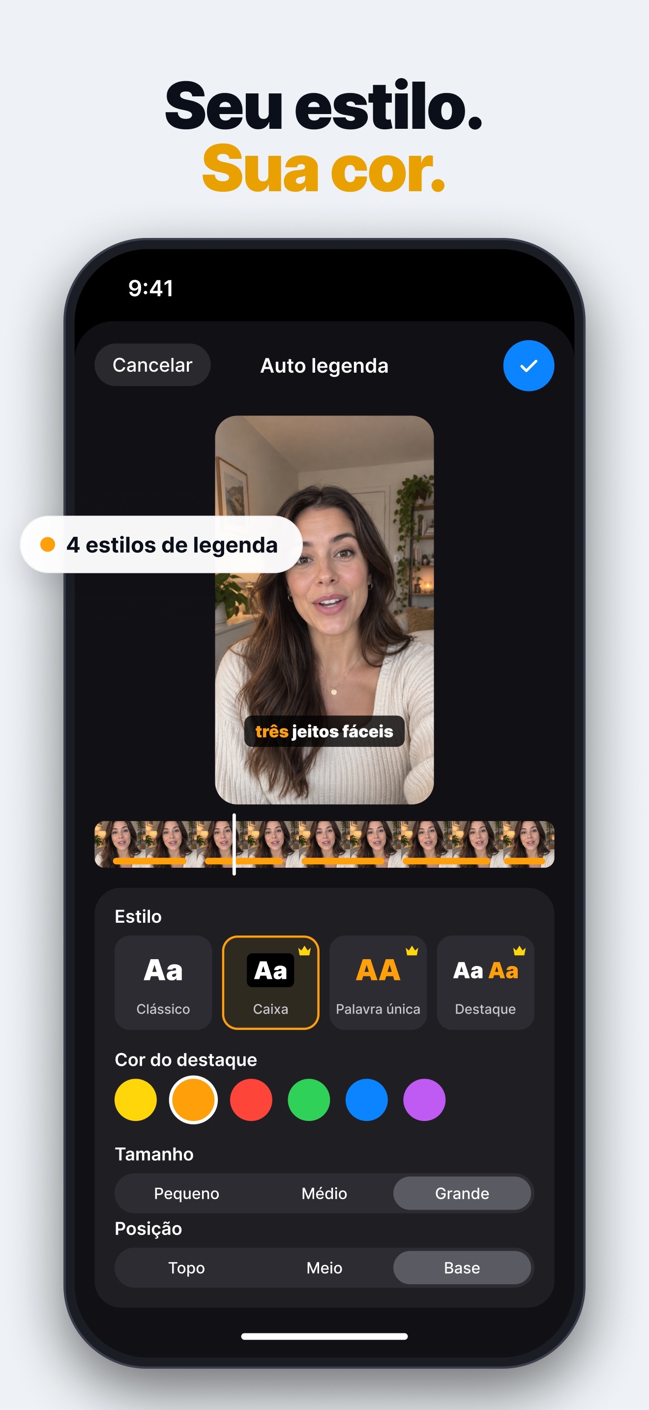 Editor de legendas automáticas do TelePro com quatro estilos, cores de destaque, tamanho e posição.