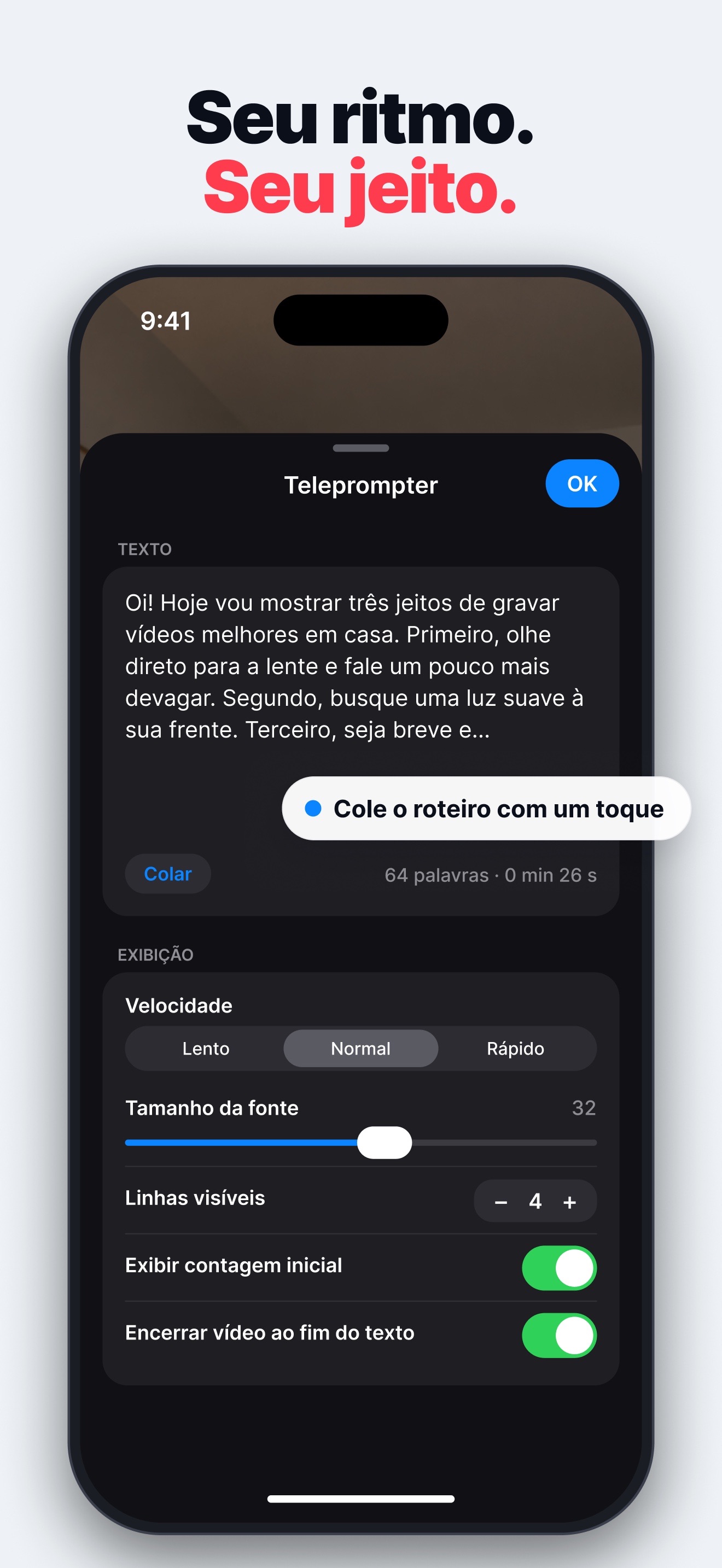 Ajustes do teleprompter do TelePro com o roteiro, velocidade, tamanho da fonte, linhas visíveis, contagem e parada automática.